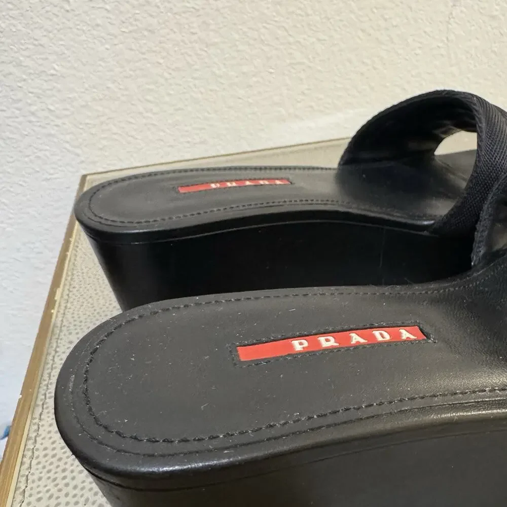 PRADA Logo Black Platform Slide Sandals Size 38.5 Y2K Vintage